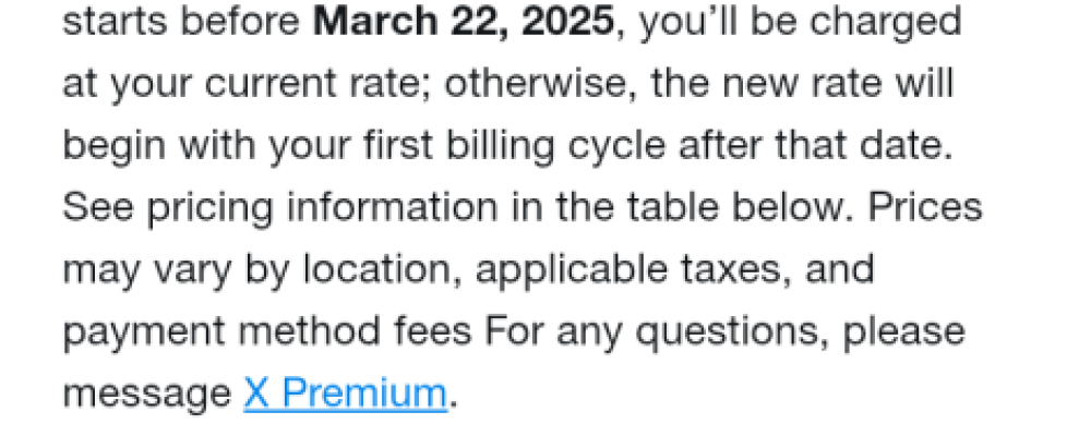 Screenshot_20250222-113410 notification of X Premium+ price increase