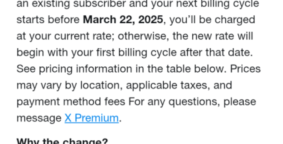 Screenshot_20250222-113410 notification of X Premium+ price increase